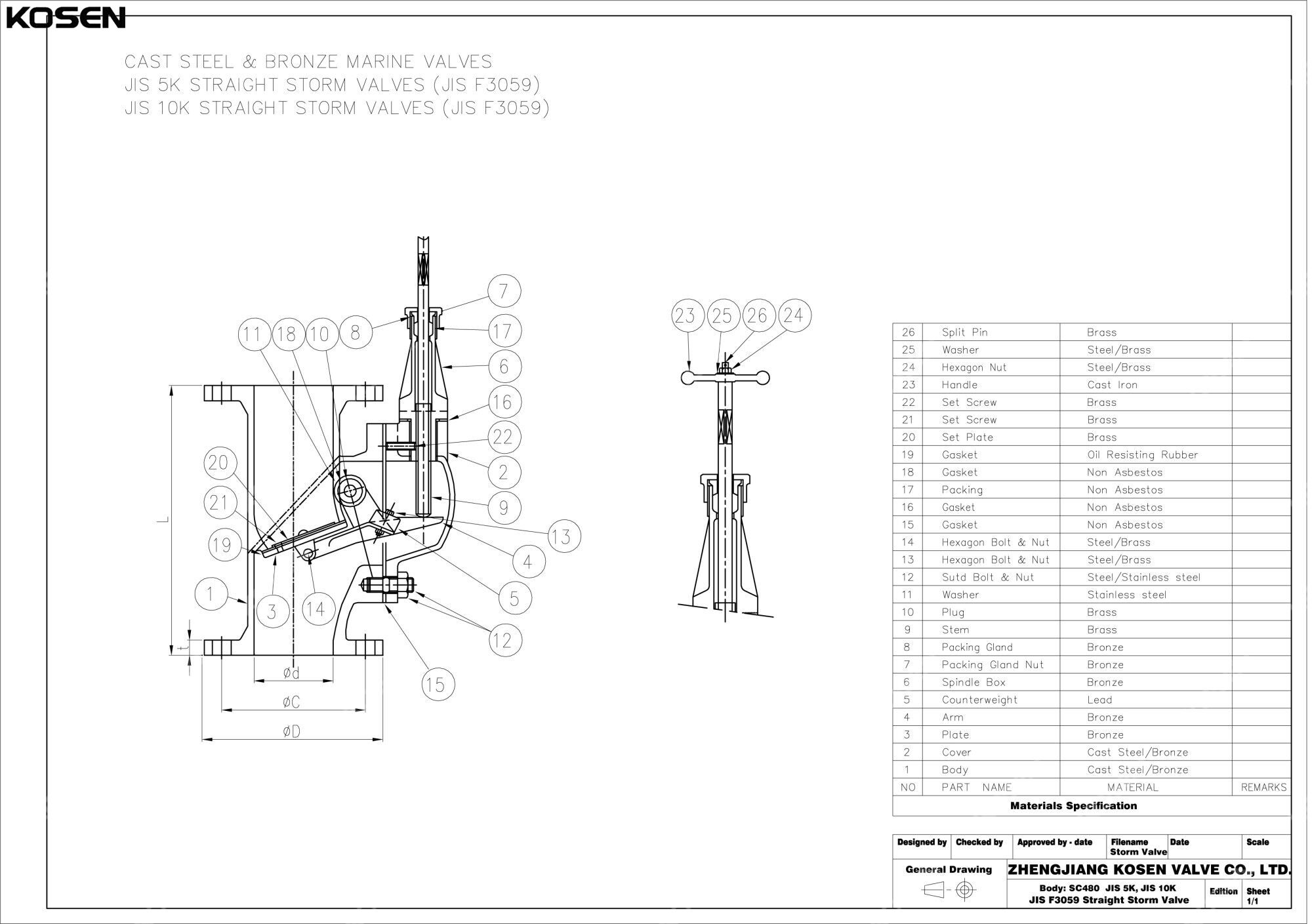 JIS F3059 Straight Storm Valve Technical Drawing