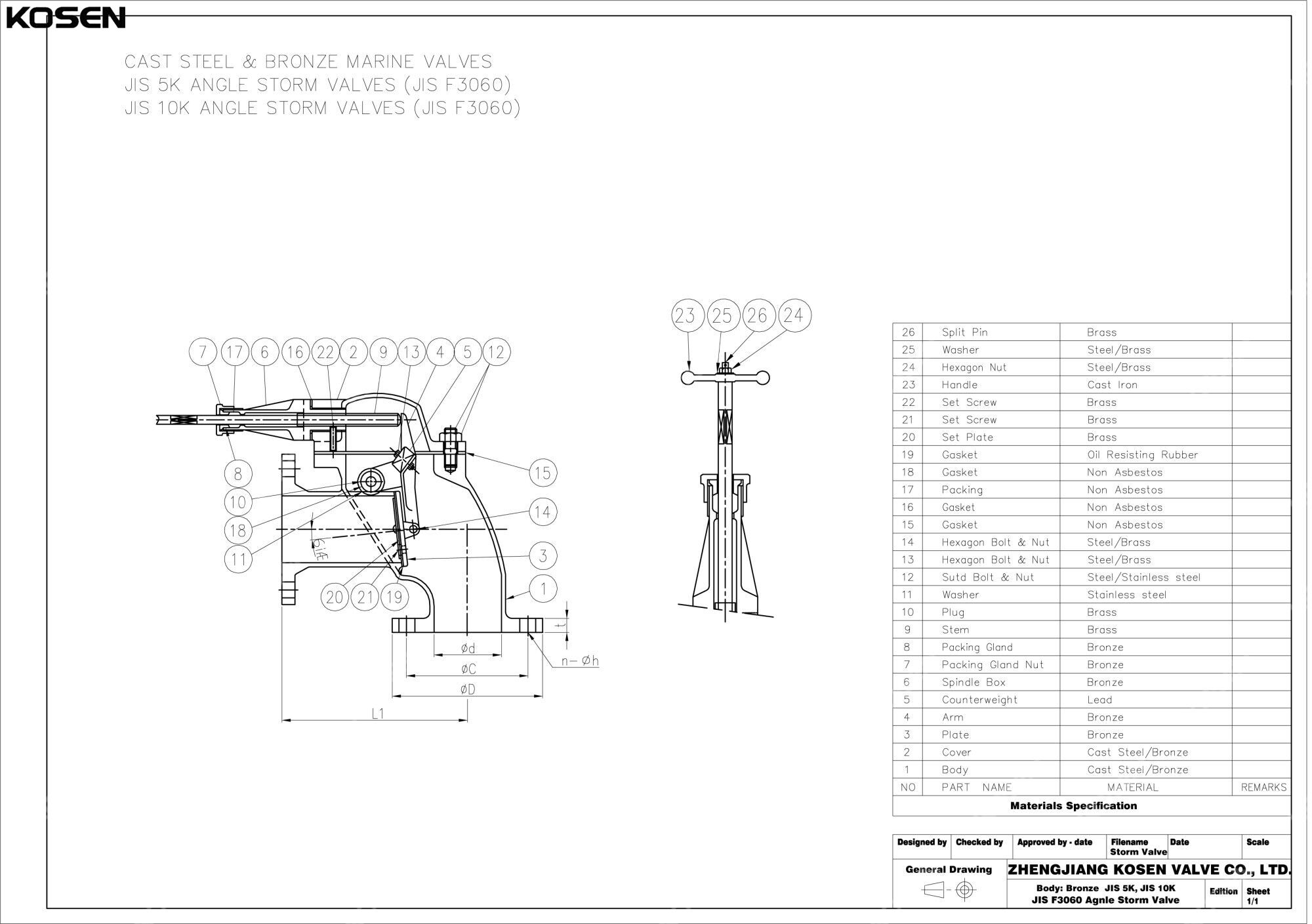 JIS F3060 Angle Storm Valve Technical Drawing
