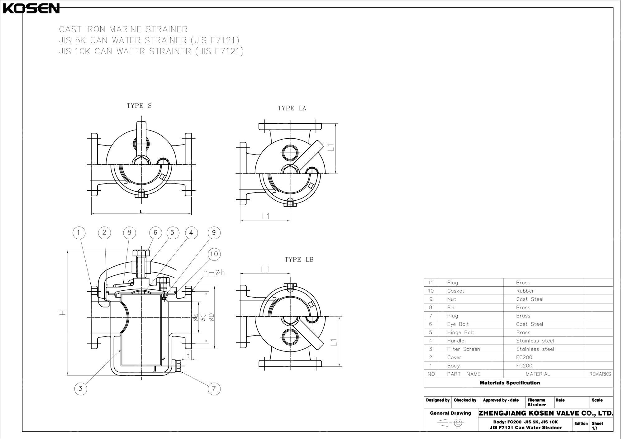 JIS F7121 Can Water Strainer Technical Drawing