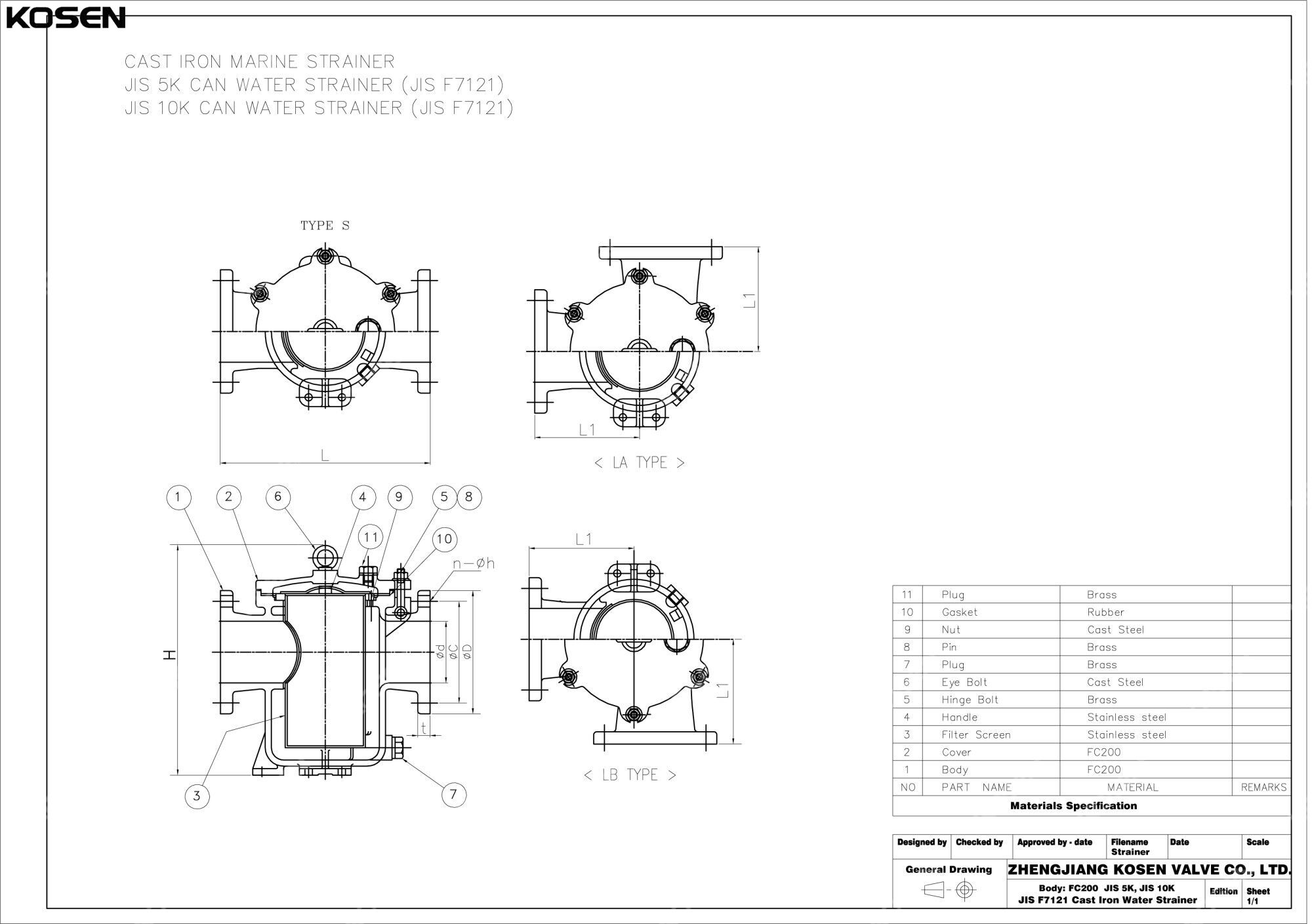 JIS F7121 Water Strainer Technical Drawing