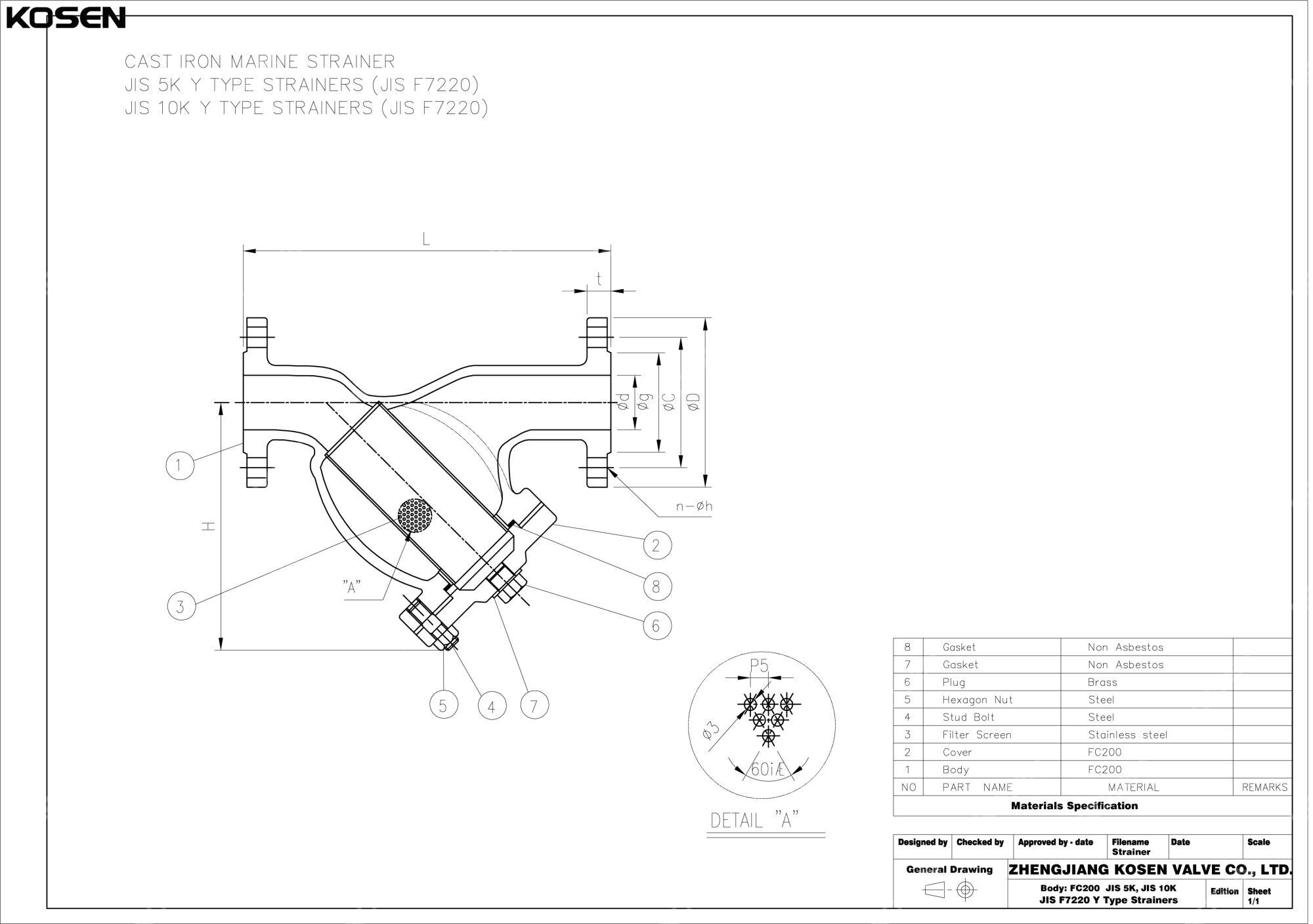 JIS F7220 Y Type Strainer Technical Drawing
