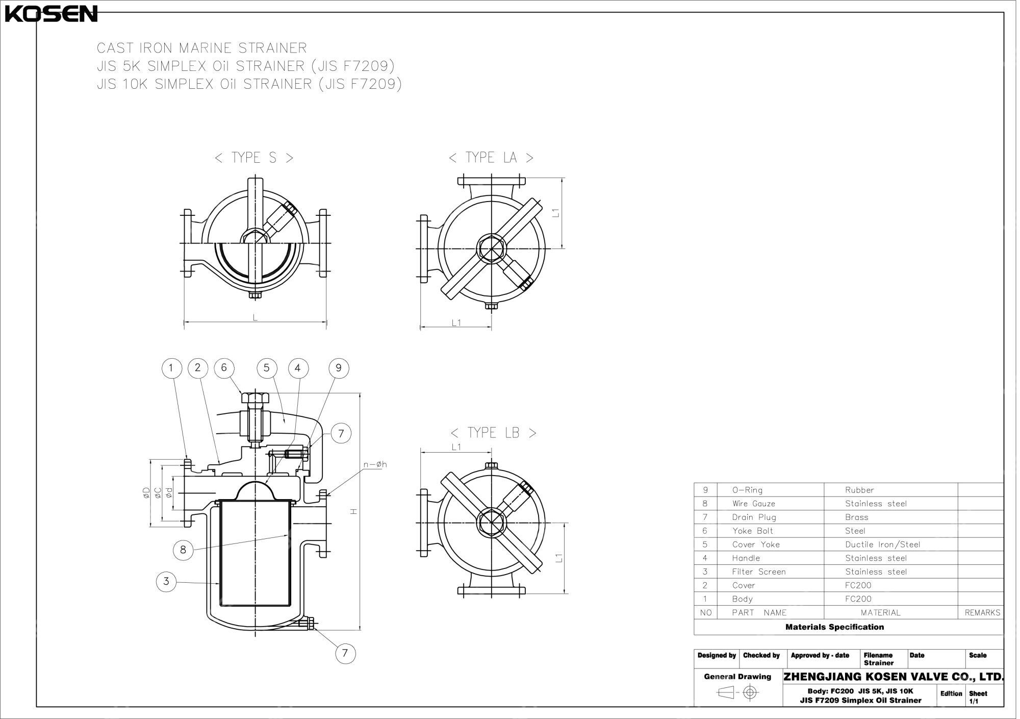 Simplex Oil Strainer Technical Drawing