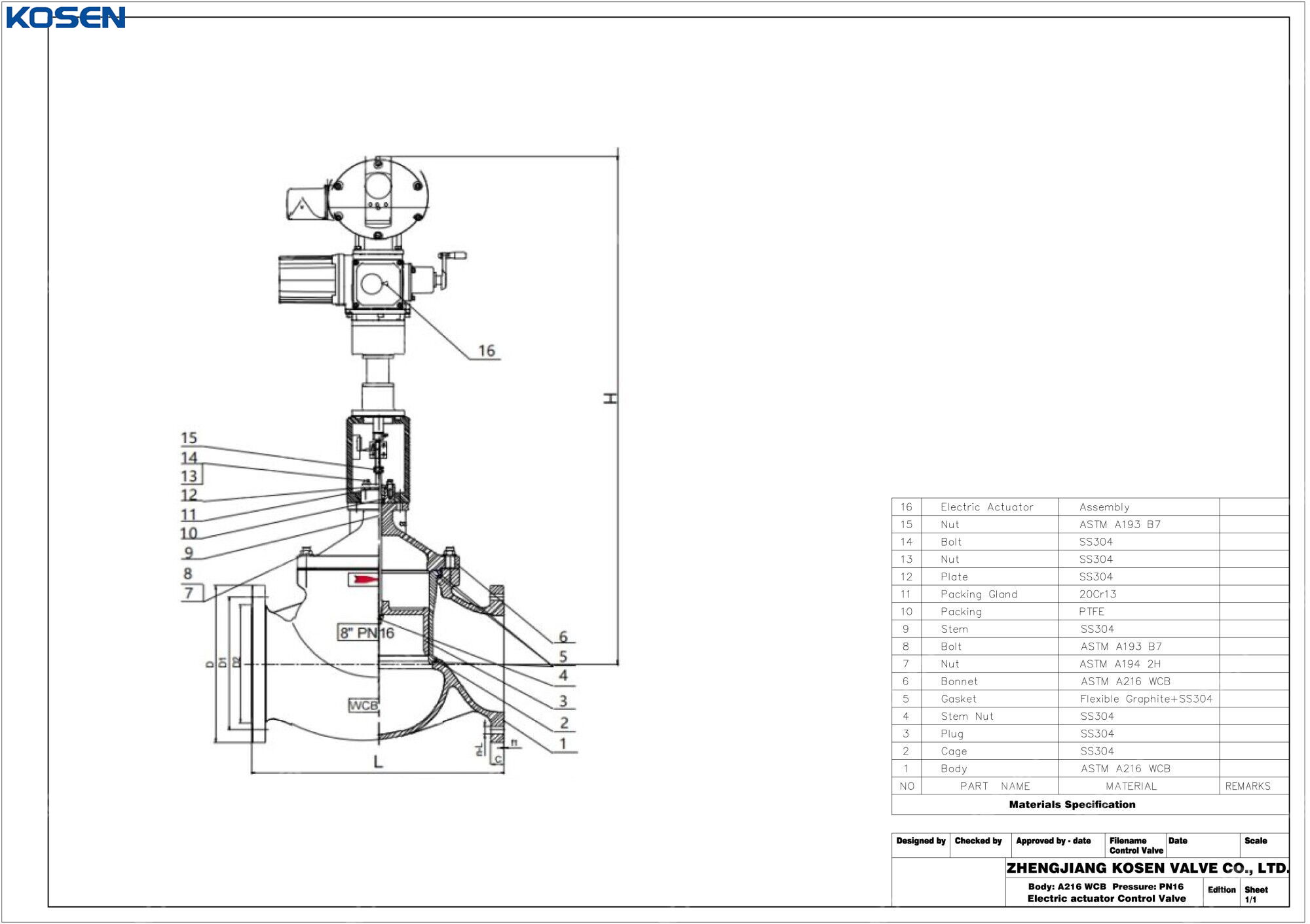 Electric Actuator Control Valve Technical Drawing