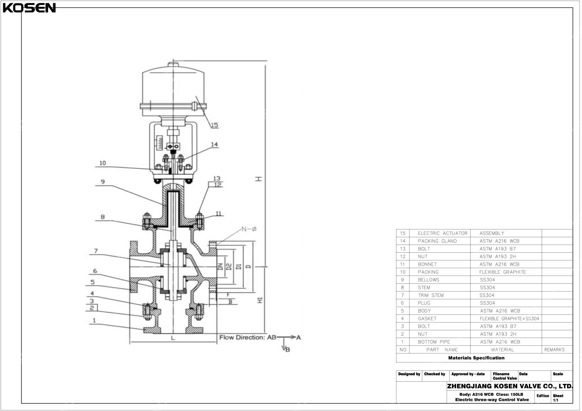 Electric Three Way Control Valve Technical Drawing