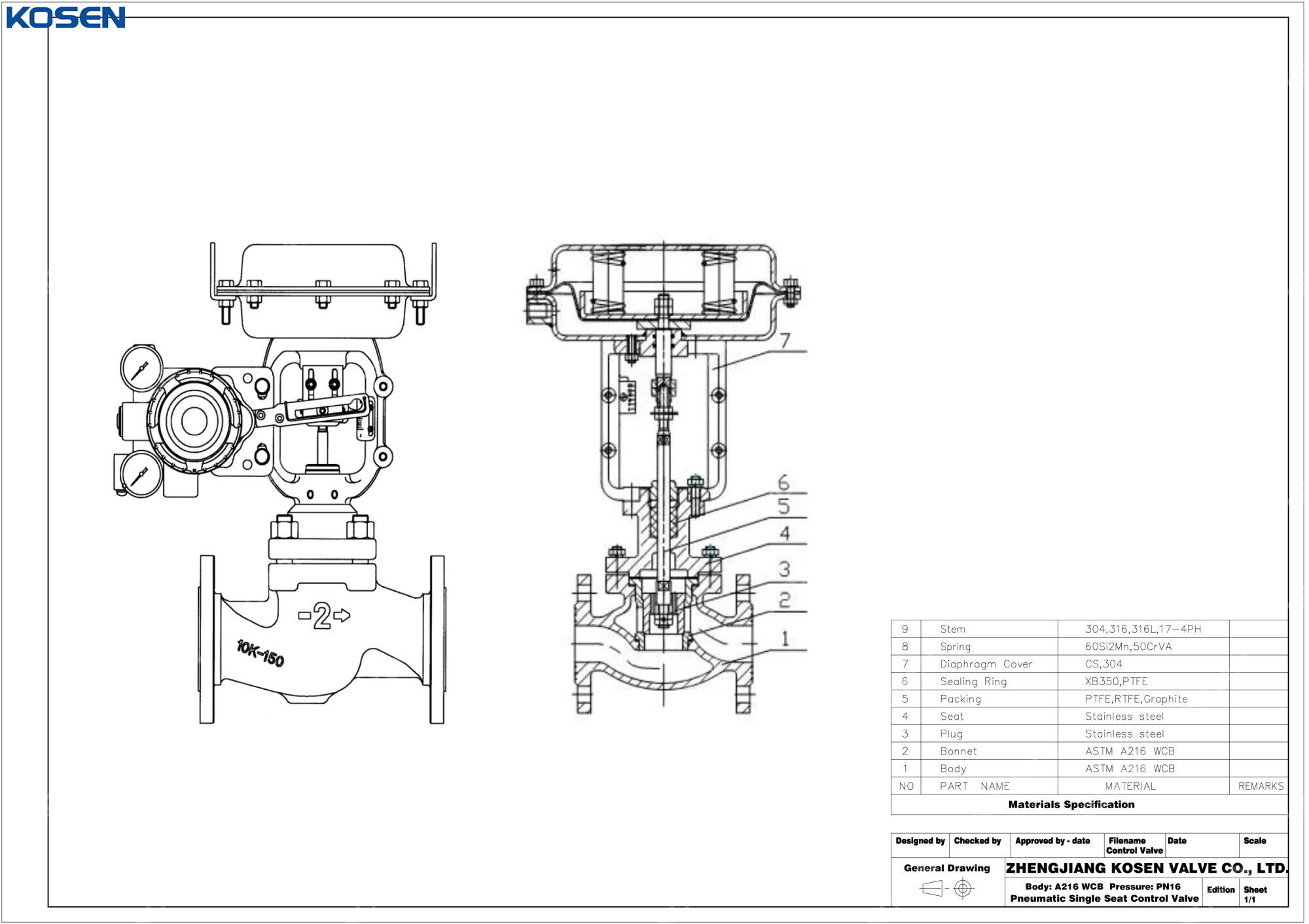 Pneumatic Globe Control Valve Technical Drawing