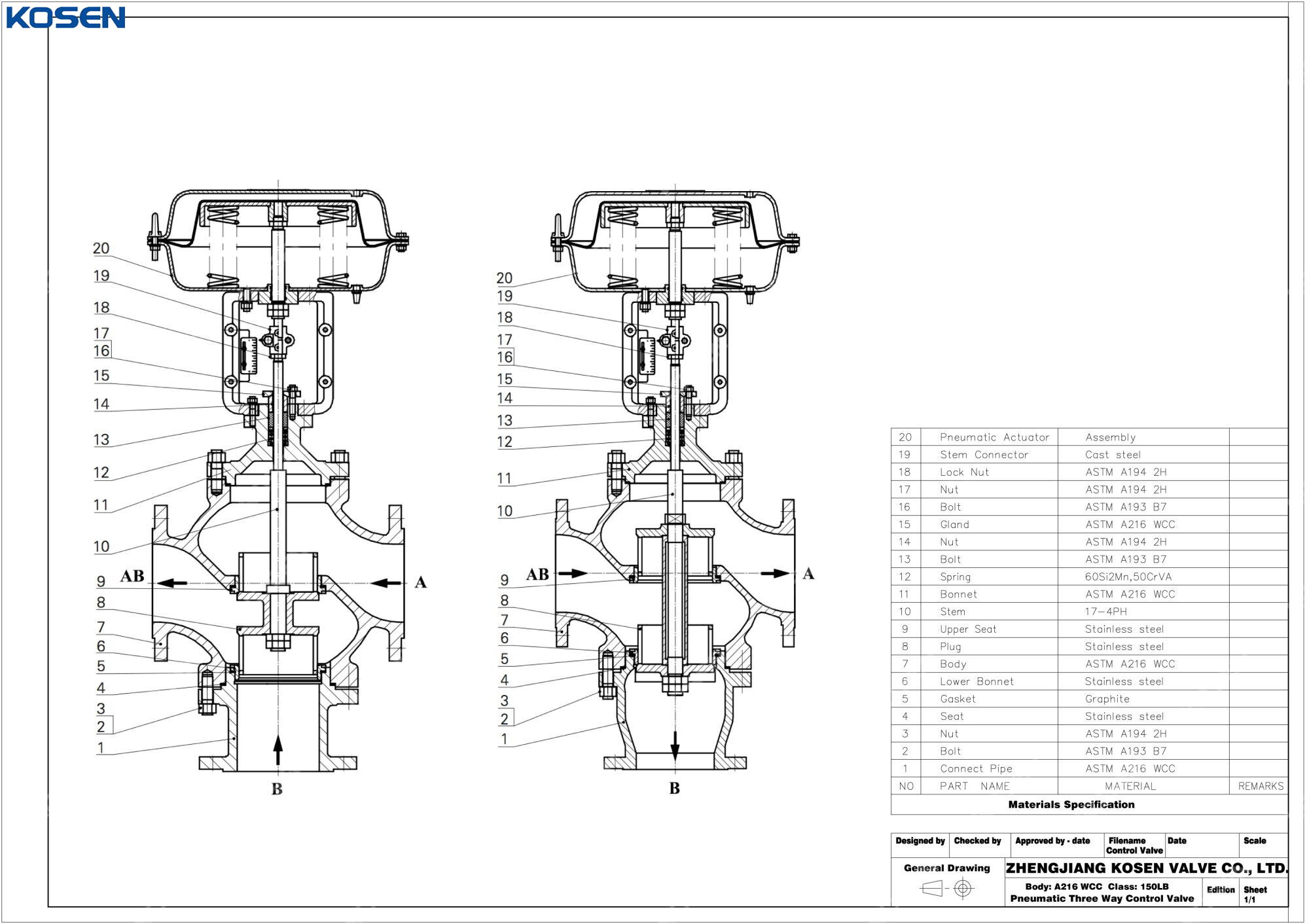 Pneumatic Three Way Control Valve Technical Drawing