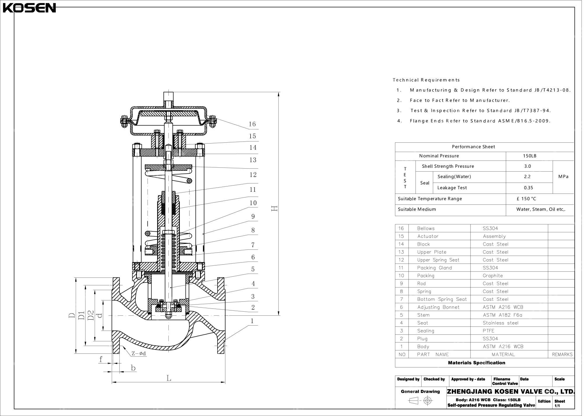 Self-operated Pressure Regulating Valve Technical Drawing