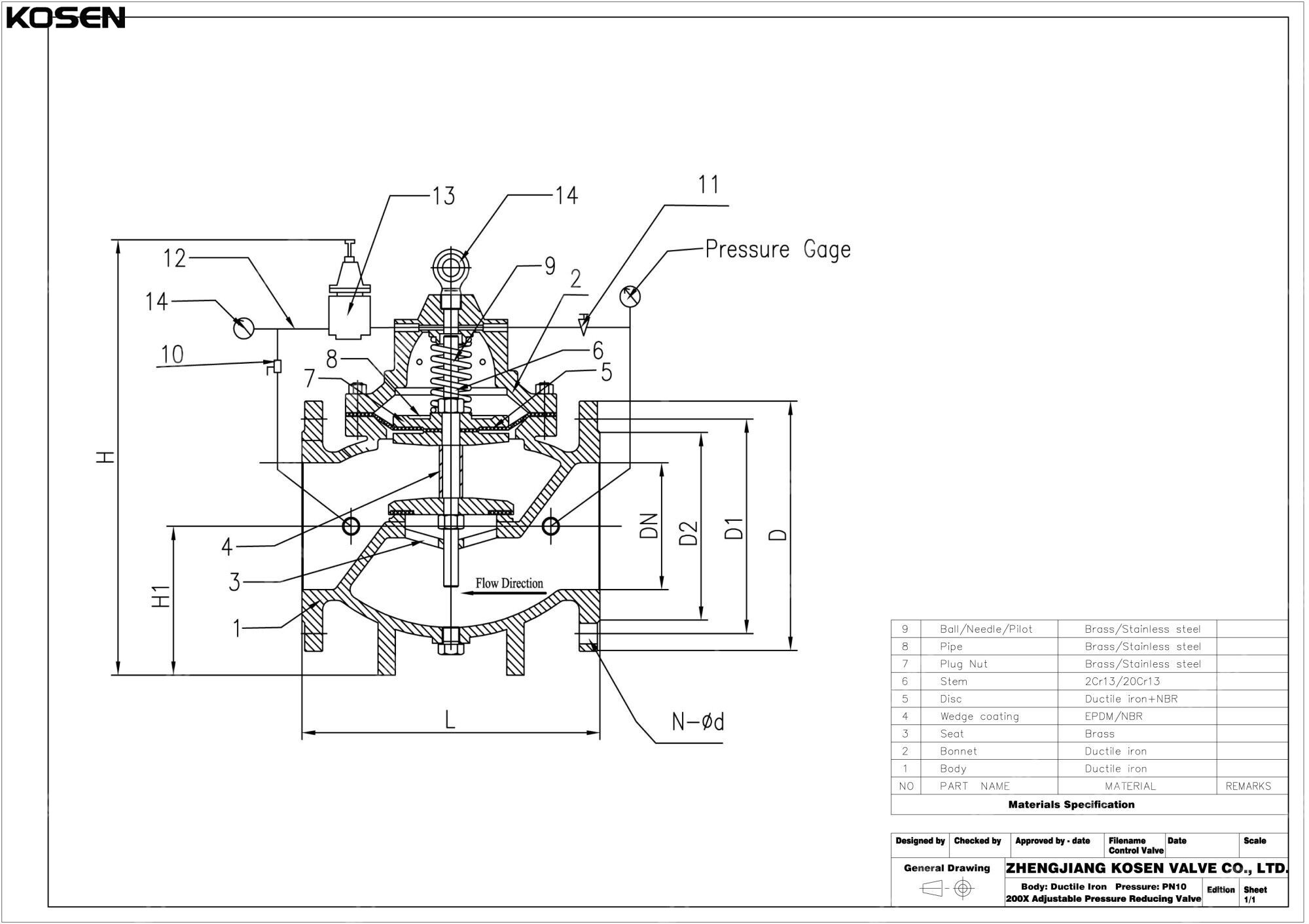 Adjustable Pressure Reducing Valve Technical Drawing