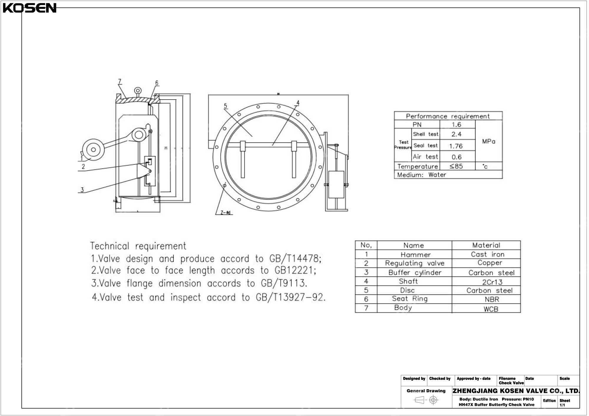 Butterfly Buffer Check Valve Technical Drawing