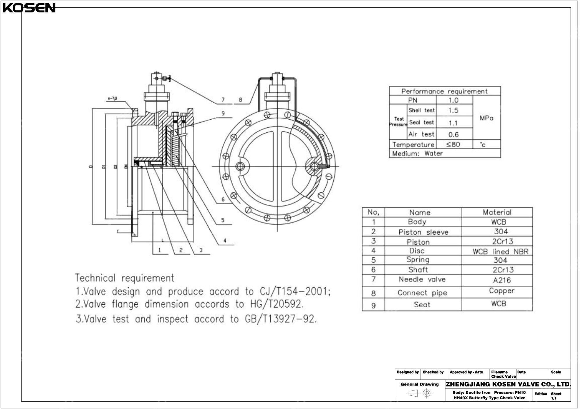 Butterfly Type Check Valve Technical Drawing