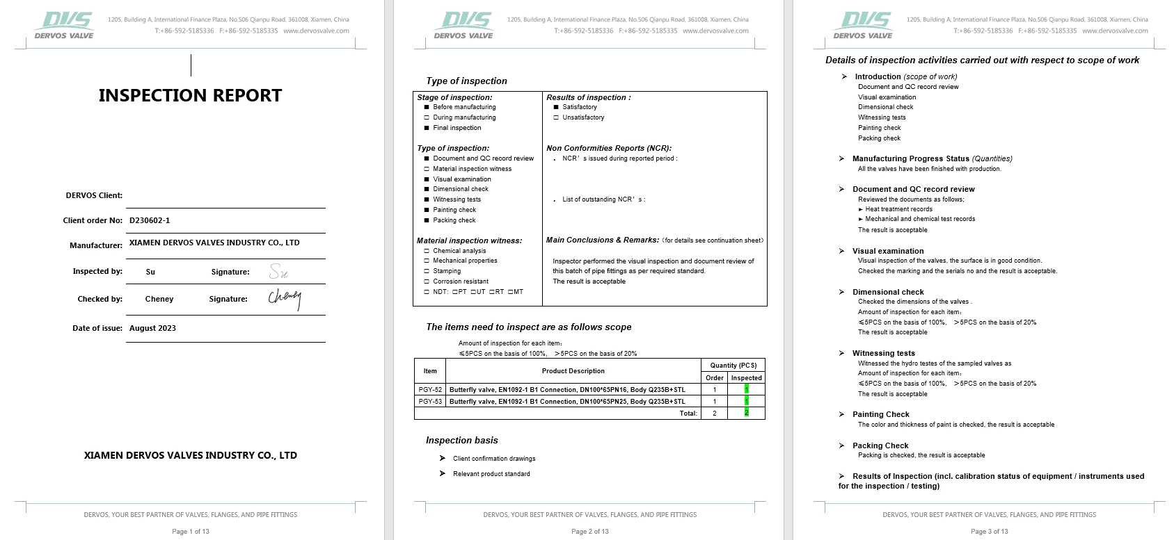 Inspection Report for Butterfly Valve