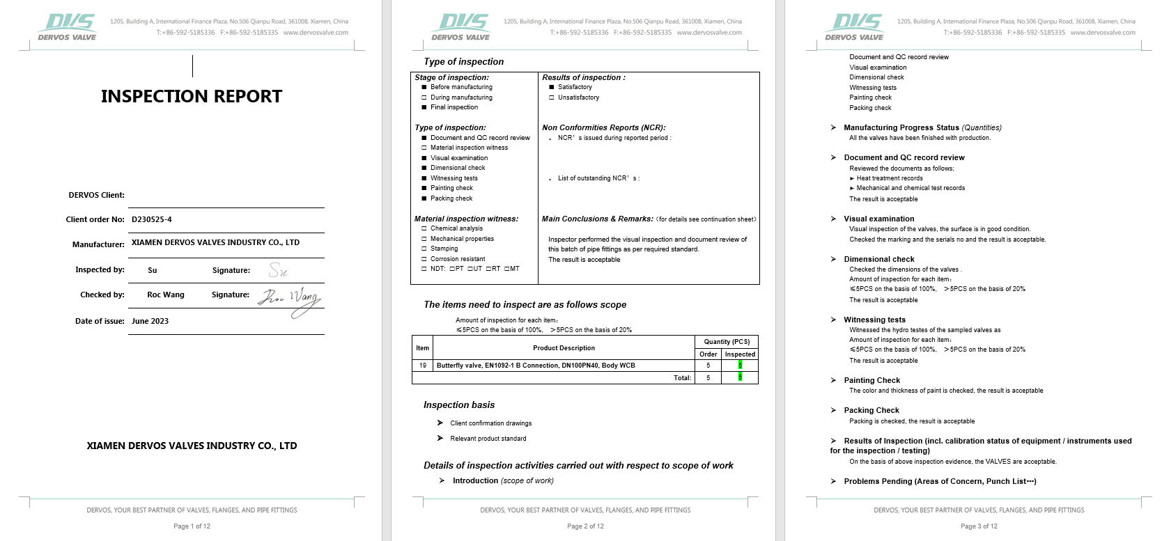 Inspection Report for Butterfly Valve