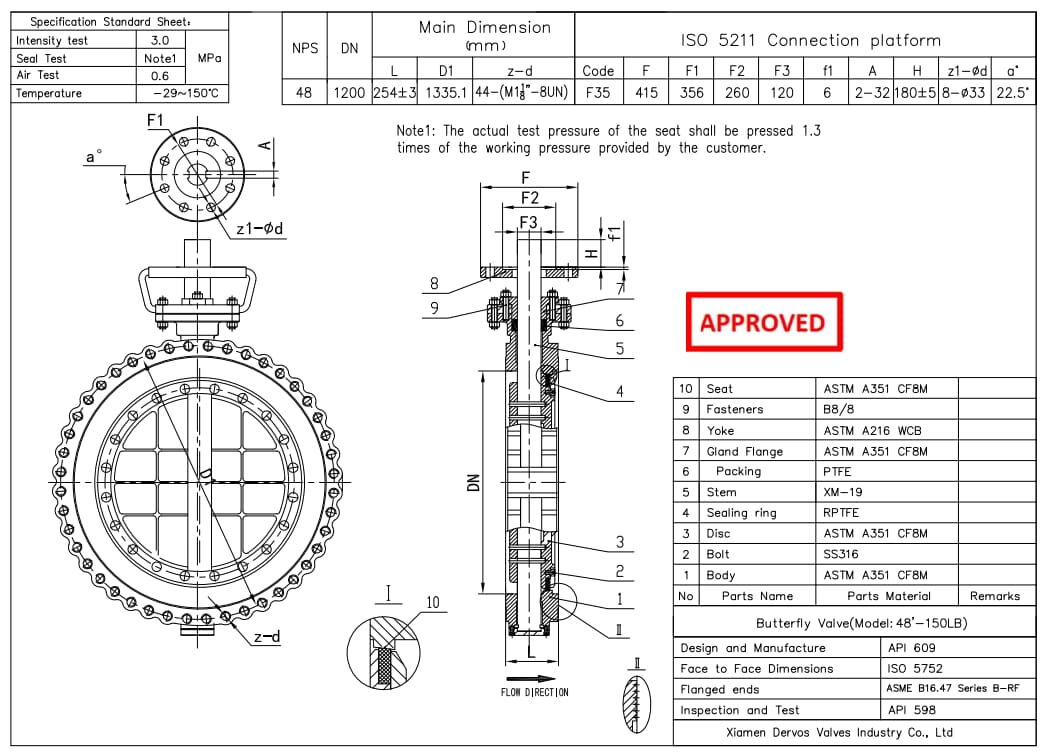 Technical Drawing for Triple Eccentric Butterfly Valve