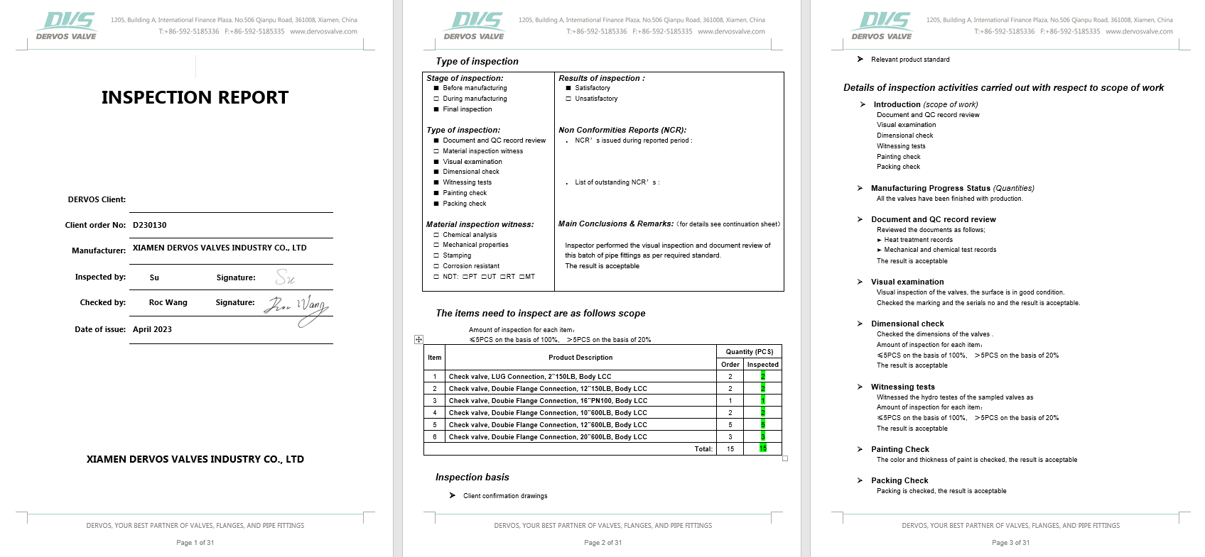 Inspection Report for Wafer Check Valve