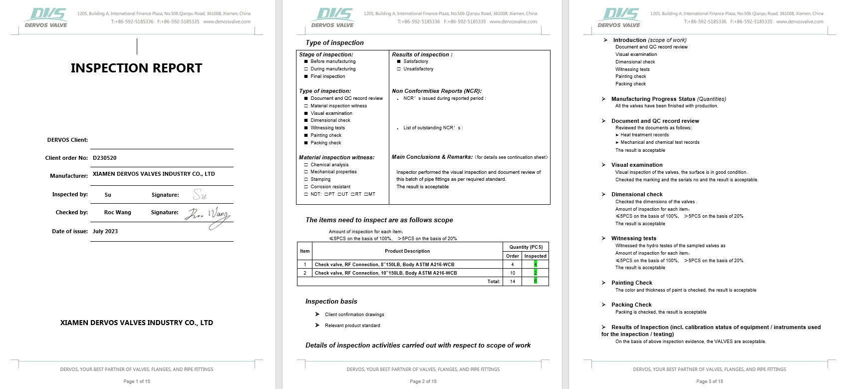 Inspection Report for Swing Check Valve