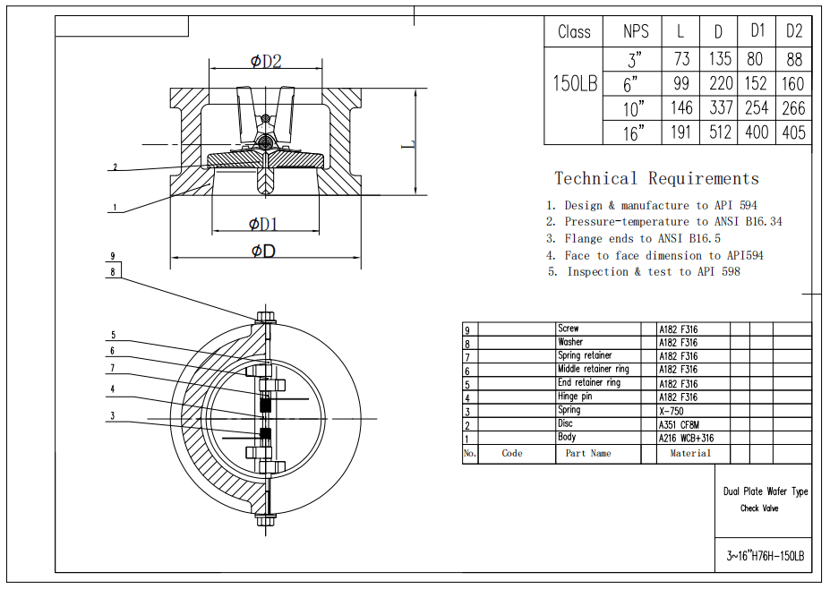 Wafer Check Valve Tech Drawing