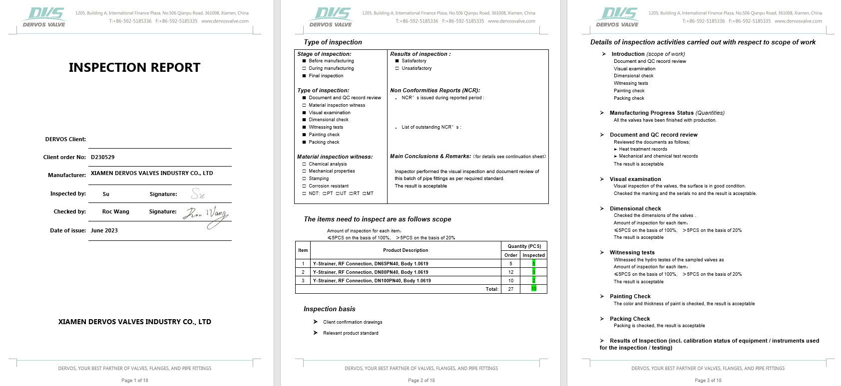 Inspection Report for Y Type Strainer