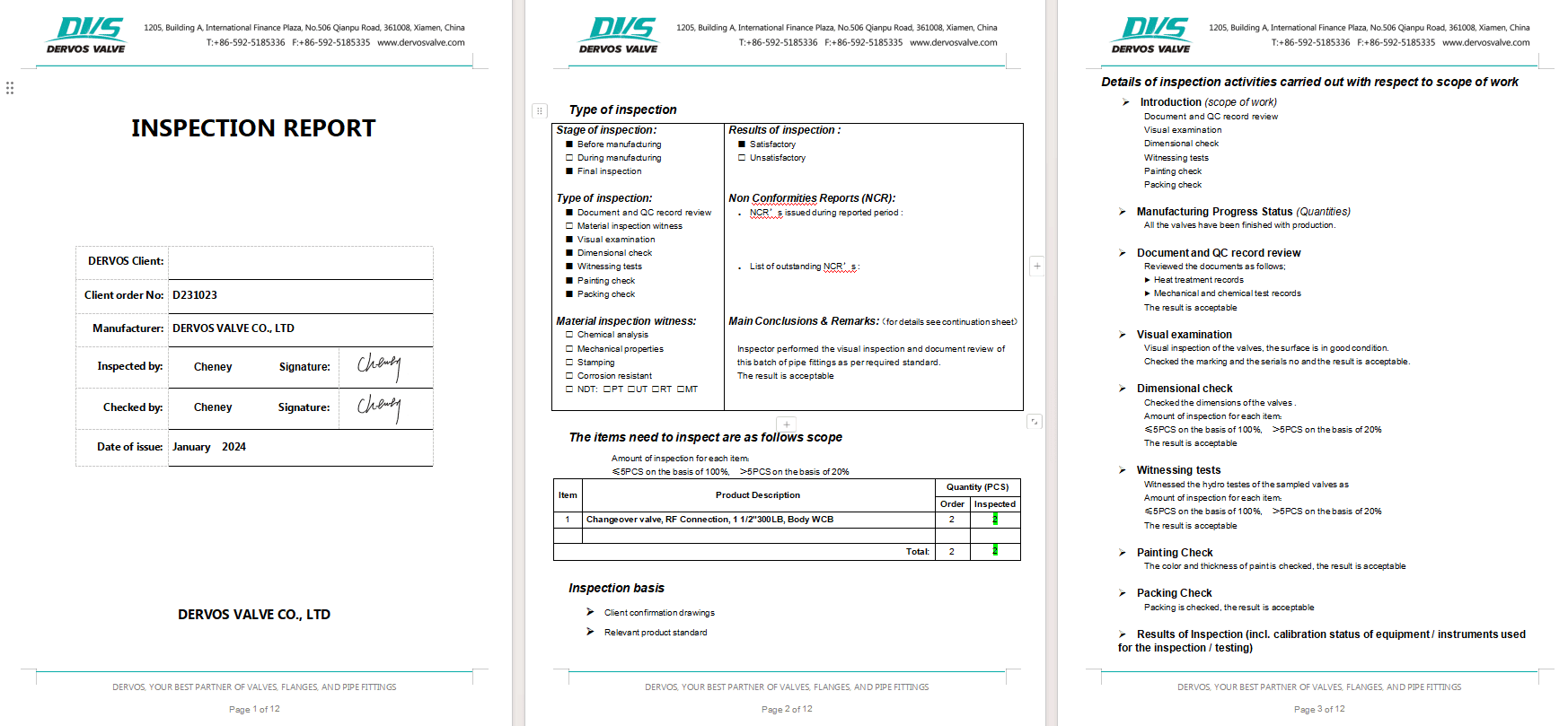 Inspection Report for Change Over Valve