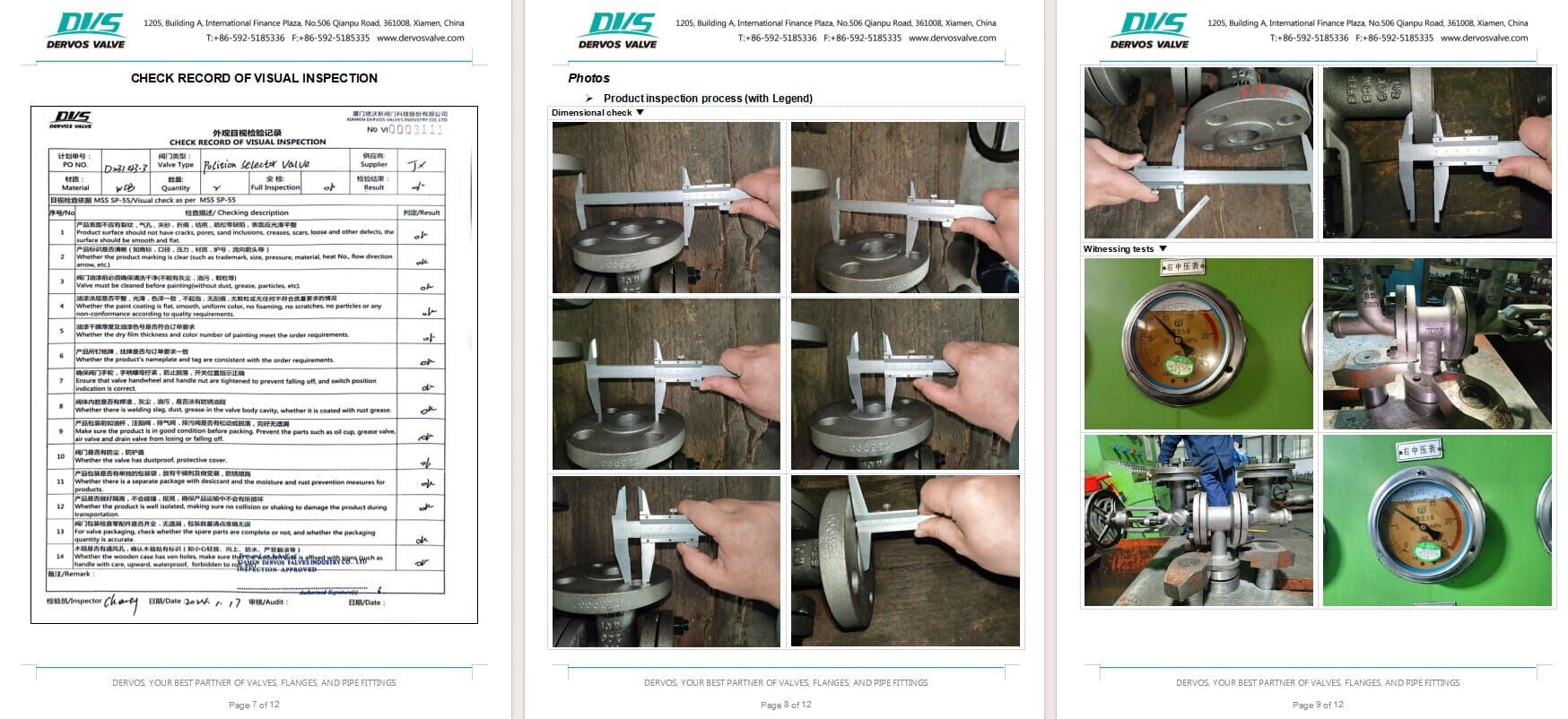 Inspection Report for Change Over Valve