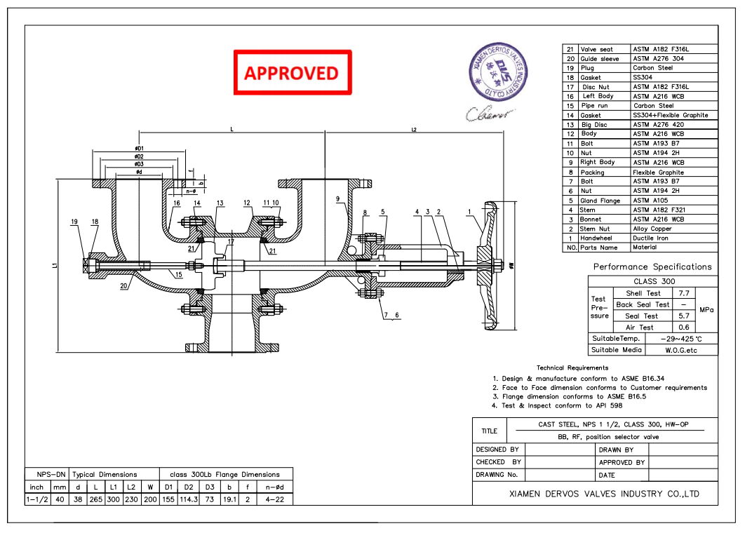 Technical Drawing for Change Over Valve