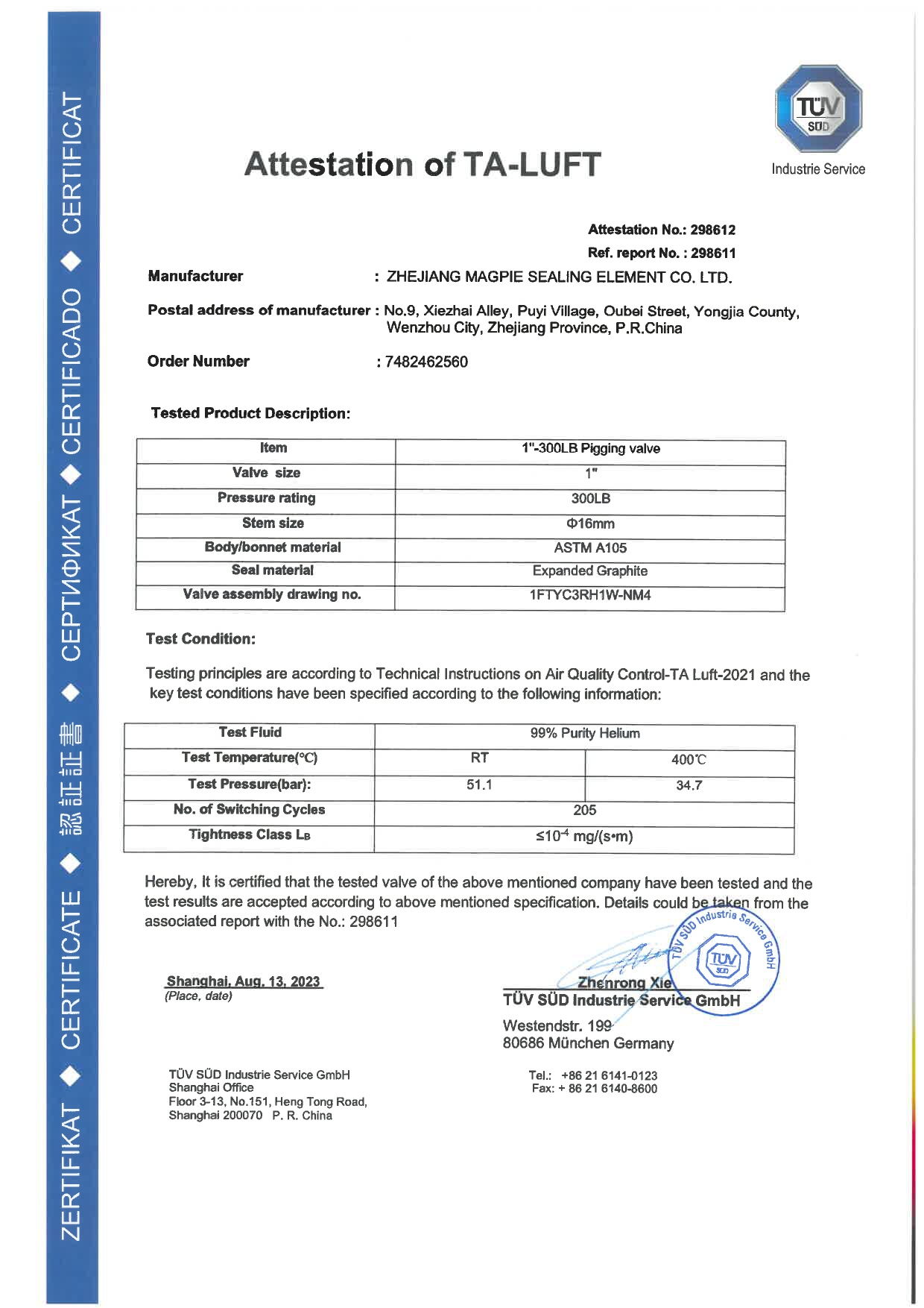 1 Inch-Class 300 LB Pigging Valve TA-LuFT Attestation