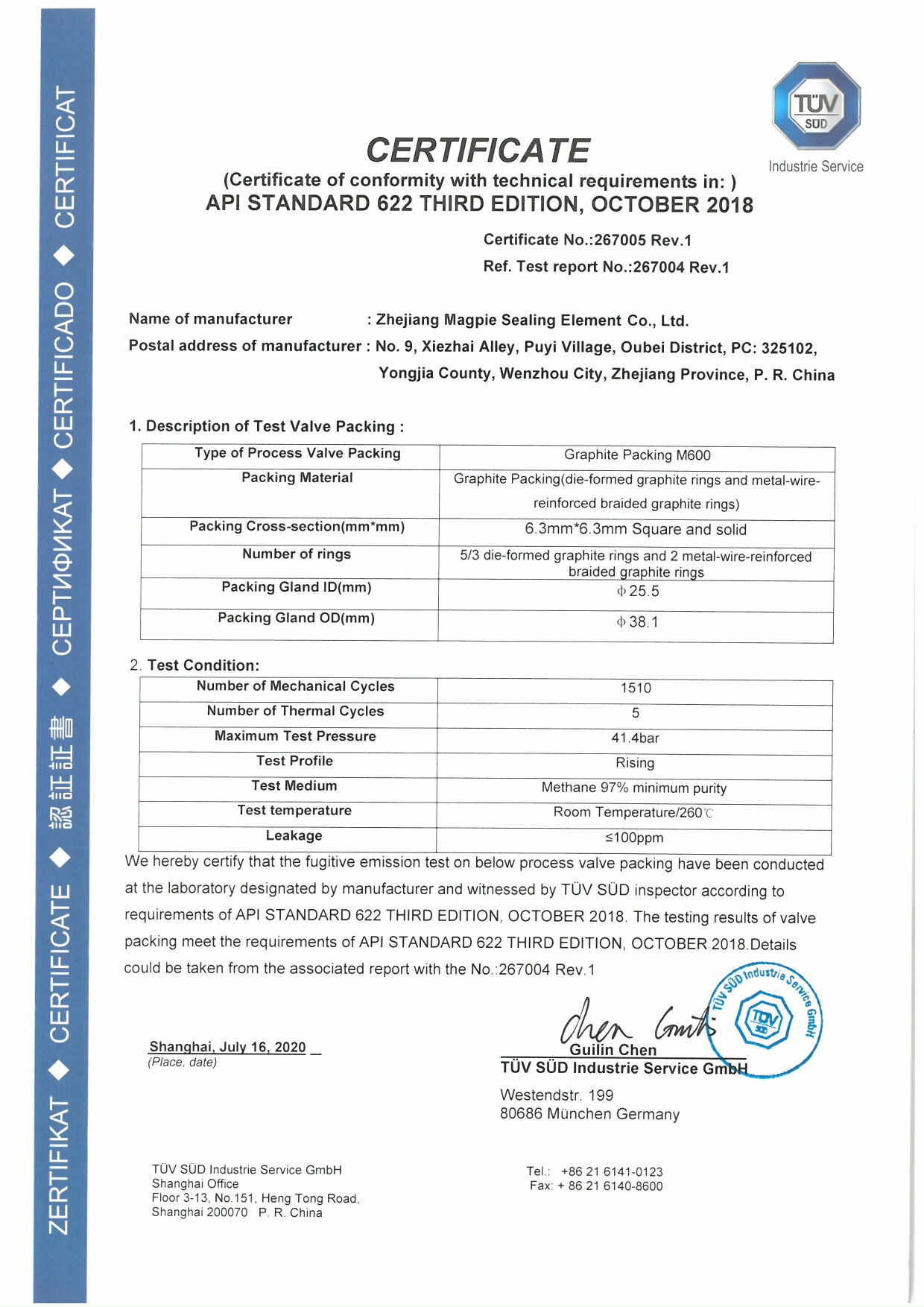 API Standard 622 Conformity Certificate for Graphite Packing M600