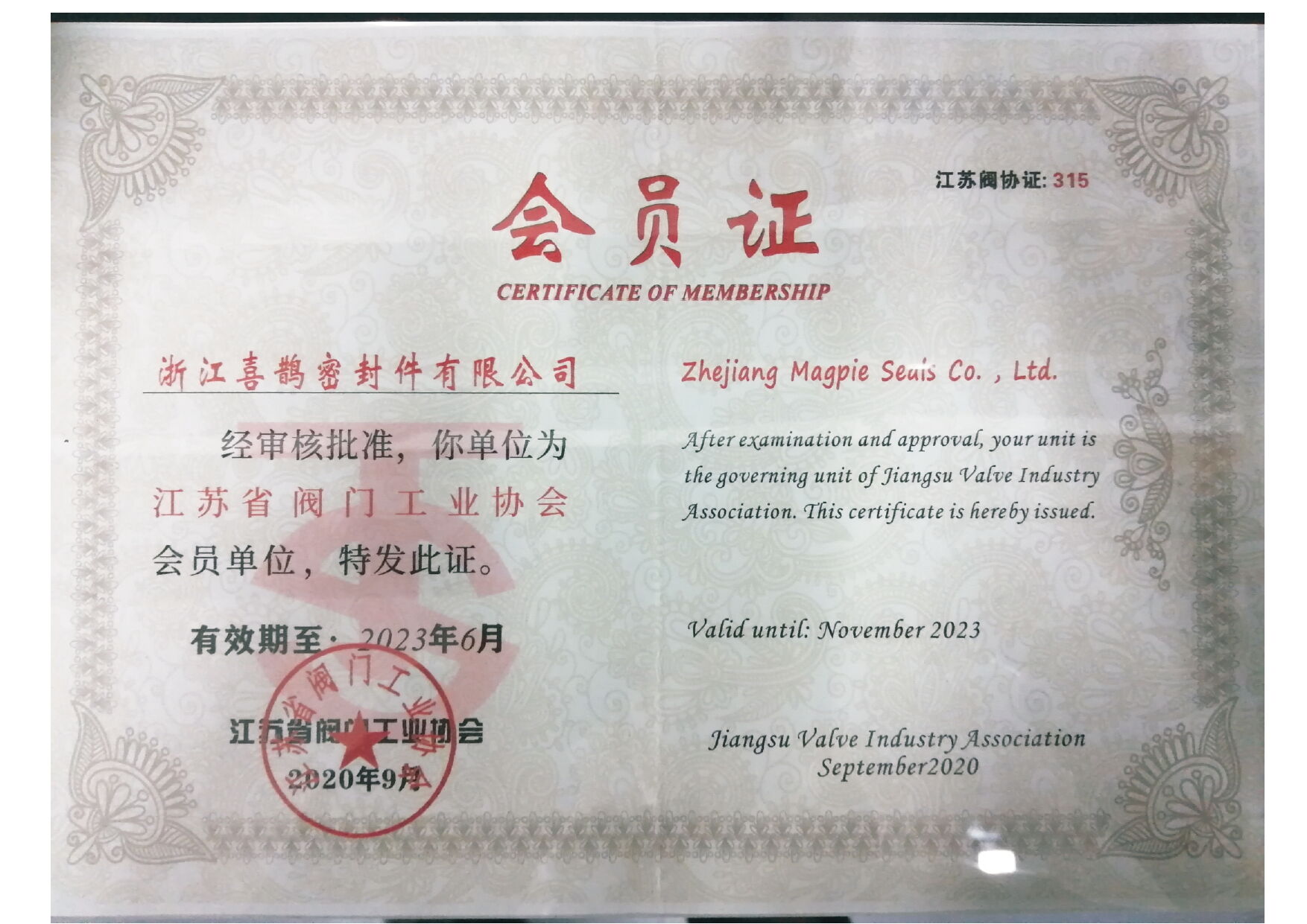 Certificate of Membership (Jiangsu Valve Industry Association)