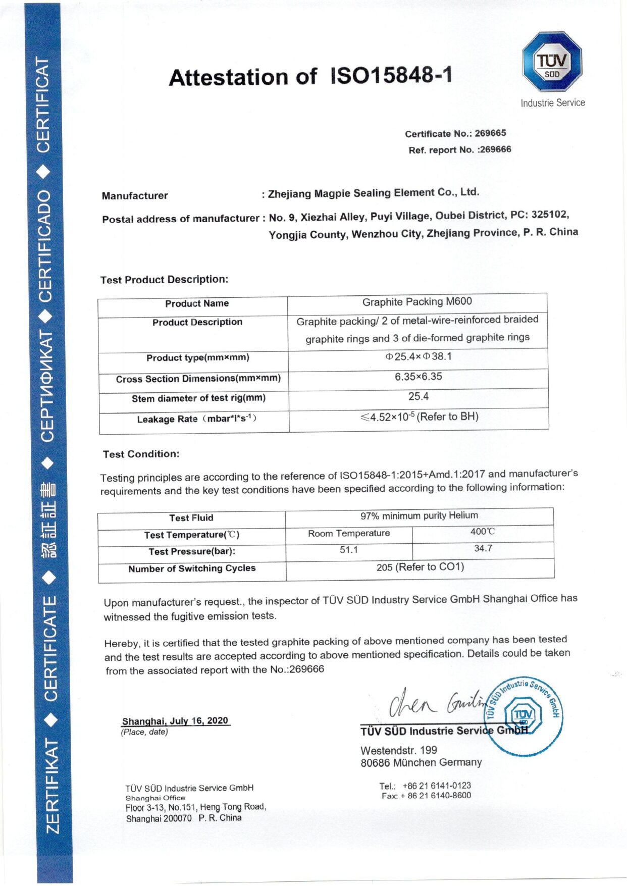 ISO 15848-1 Attestation Certificate for Graphite Packing M600
