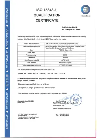 ISO 15848-1 Qualification Certificate for 1 Inch-Class 300 LB Globe Valve