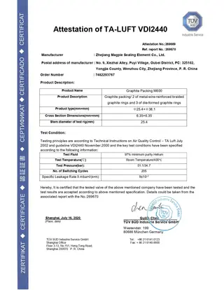 TA-LuFT VDI2440 Attestation Certificate (Graphite Packing M600)