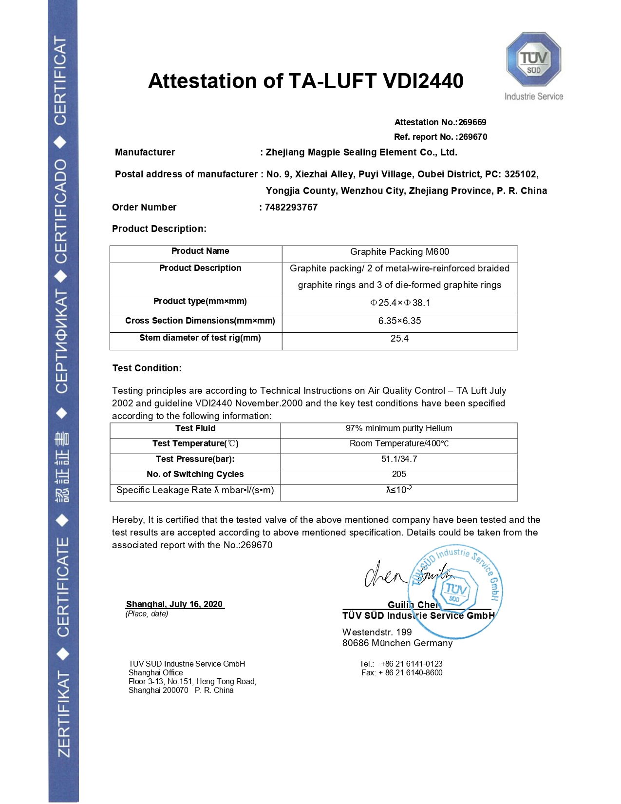 TA-LuFT VDI2440 Attestation Certificate (Graphite Packing M600)