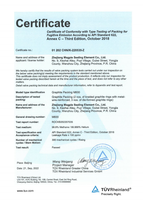 API 622 Certificate of Zhejiang Magpie Sealing Element Co., Ltd.