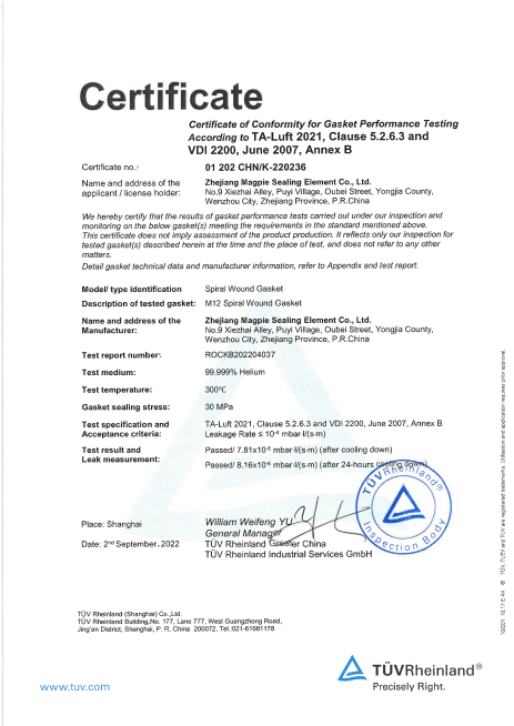 TA-LUFT Certification for M12 Spiral Wound Gaskets