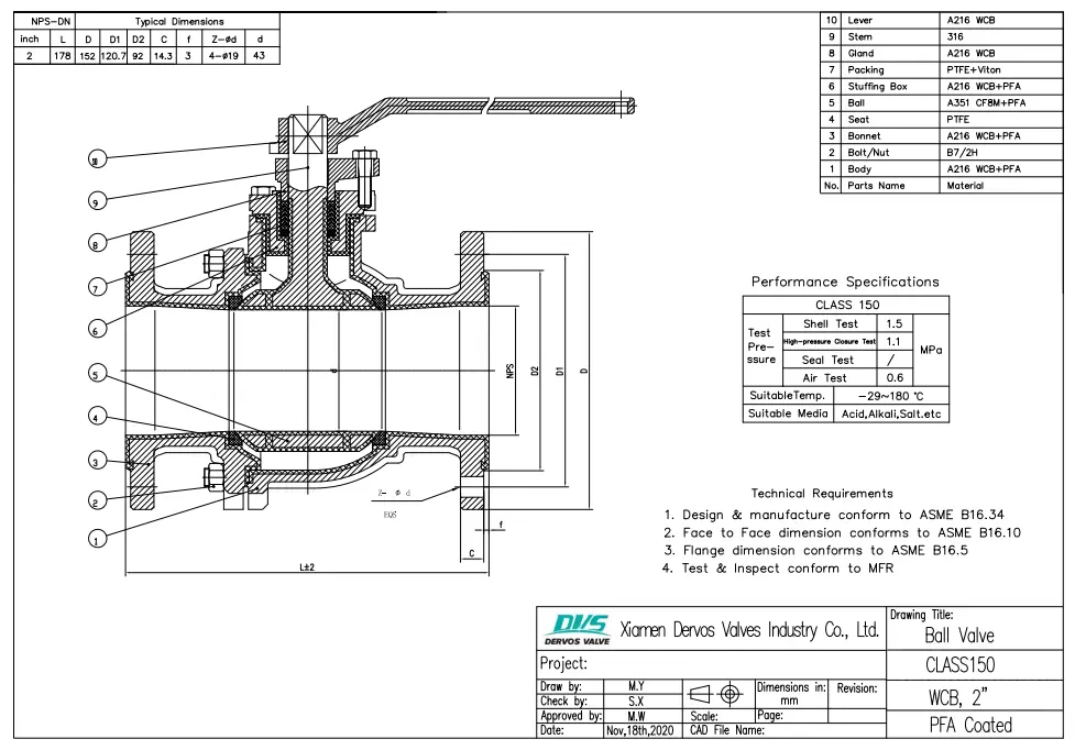 Fluorine Lined Ball Valve Technical Drawing