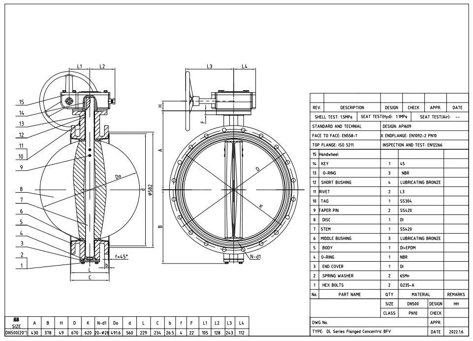 API 609 Concentric Butterfly Valve, DN500, PN10, Ductile Iron - Dervos