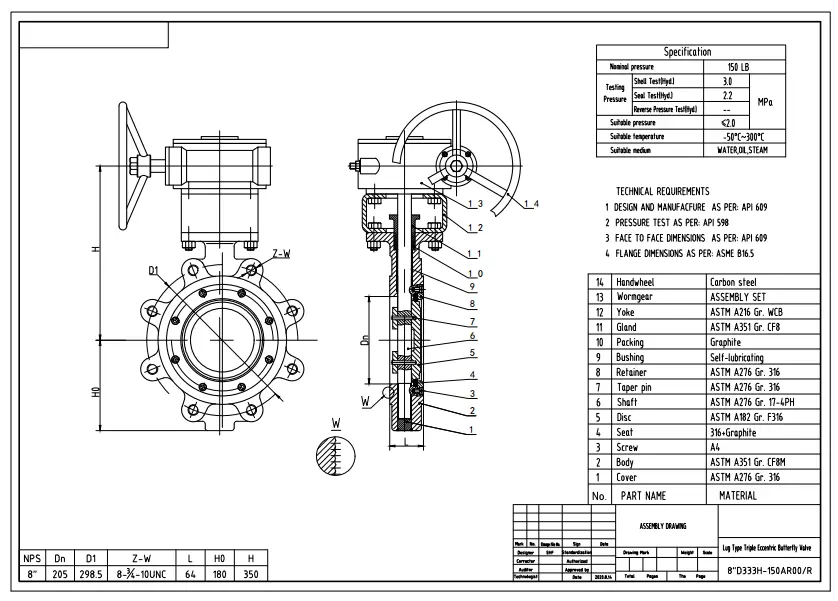 ASTM A351 CF8M Lug Butterfly Valve, API 609, 8 Inch, 150 LB - Dervos