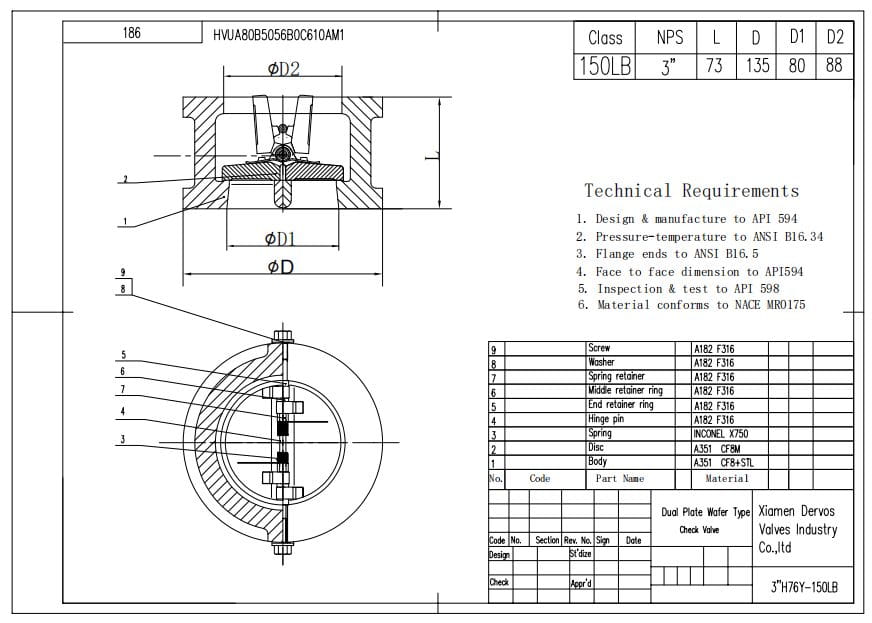 Api 594 Pattern API 594 Dual Plate Wafer Check Valve, CF8, 3 Inch, 150 LB - Dervos