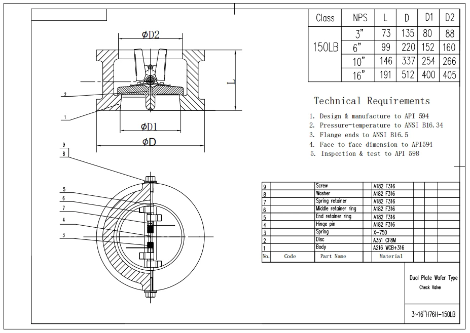 Dual Plate Wafer Check Valve, API 594, 16 Inch, 150 LB, RF - Dervos