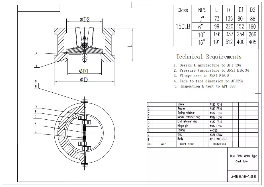 Wafer Check Valve Tech Drawing
