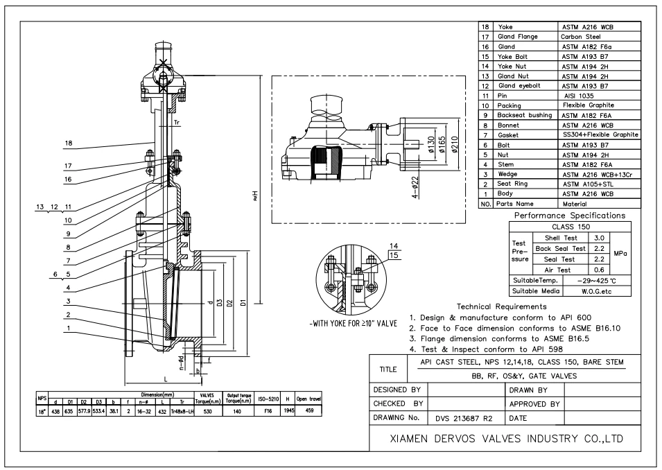 18 Inch Gate Valve, ASTM A216 WCB, 150 LB, API 600, RF - Dervos