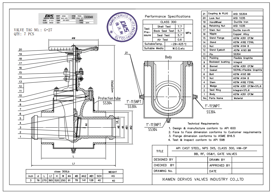 Valve Facing ASTM A351 CF3M Gate Valve, API 600, 300 LB, 3 x 5 Inch - Dervos