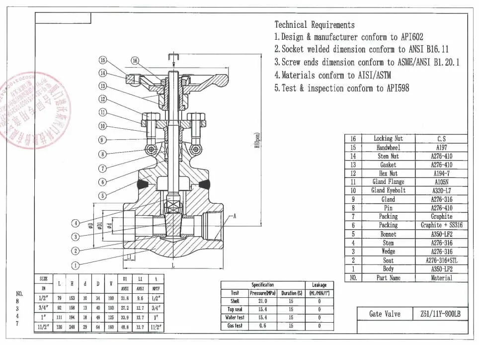 API 602 Forged Steel Gate Valve, ASTM A350 LF2, 1 IN, CL800 - Dervos