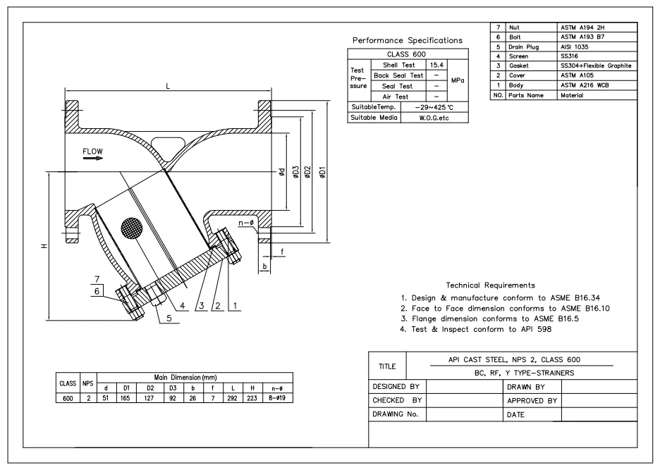 Cast Steel Y Strainer, API ASME B16.34, 2 Inch, 600 LB, RF - Dervos