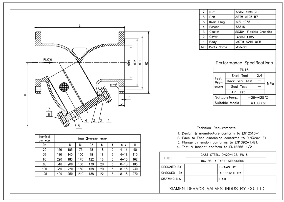 Cast Steel Y Strainer Technical Drawing