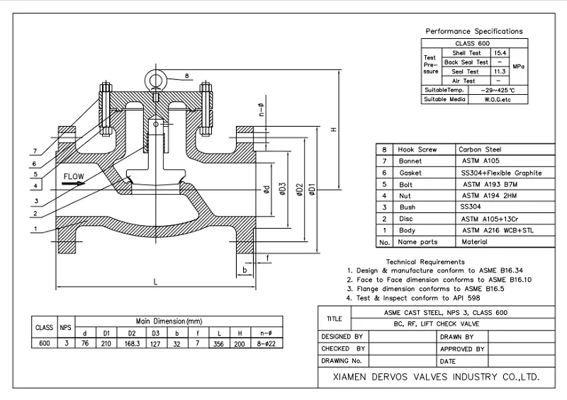 Lift Check Valves Technical Drawing
