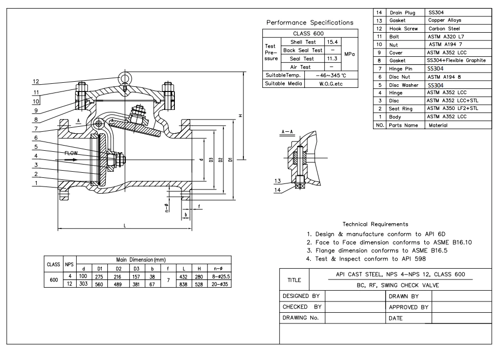ASTM A352 LCC Swing Check Valve, 4 Inch, 600 LB, RF, API 6D - Dervos