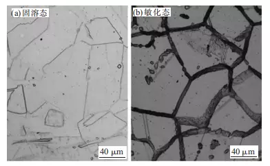 Photos of intergranular corrosion of samples near the welding seam in the solid solution state and sensitized state