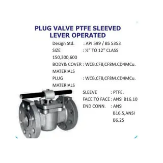 API 599, BS 5353 PTFE Sleeved Plug Valve, 1/2-12 Inch