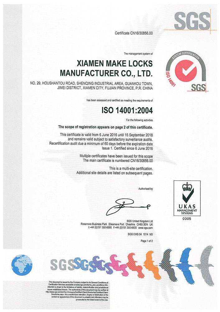 Make Locks ISO 14001:2004 Certificate