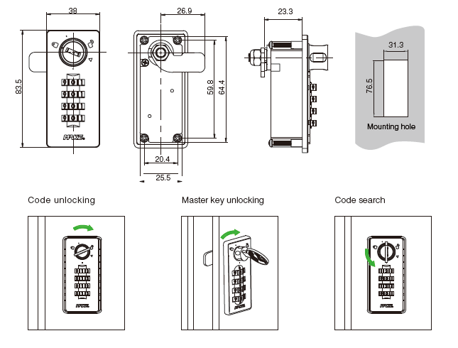 Code Changeable Combination Lock Drawing and Dimensions
